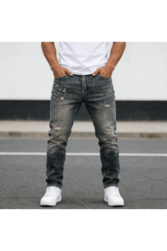 Men's 100% Cotton Non-Stretch Jeans, Slim Fit Ripped Denim Pants with Ombre Fade for Modern Casual Style, Durable and Breathable