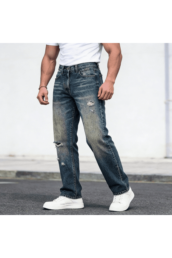 Men's 100% Cotton Non-Stretch Jeans, Straight Fit Ripped Denim Pants with Retro Fade for Rugged Casual Style, Durable and Breathable