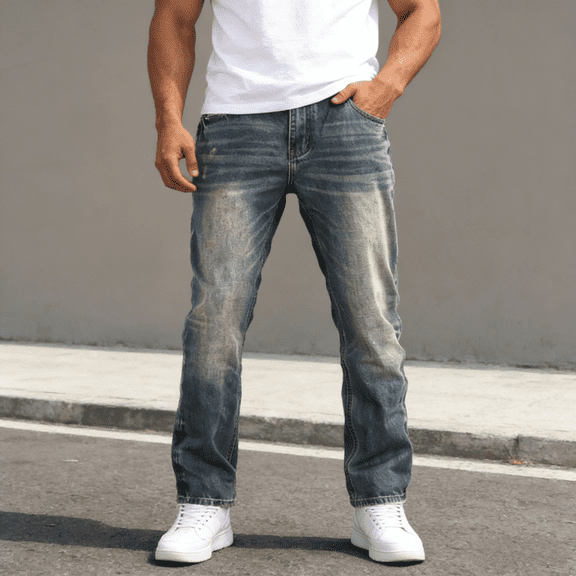 Men's 100% Cotton Non-Stretch Jeans, Vintage Washed Straight Leg Denim for Timeless Casual Style, Heavyweight & Shape-Retaining