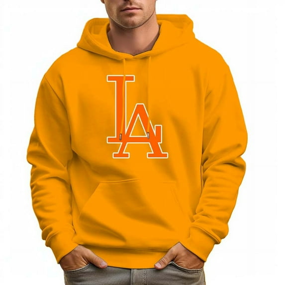 Men's 100% Cotton Orange LA Design Hoodie 330g Thick Pocket Sweatshirt