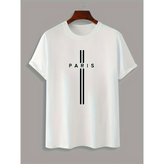 Men's 100% Cotton Paris Print T-shirt, Casual Short Sleeve Crew Neck Tee, Men's Clothing For Outdoor