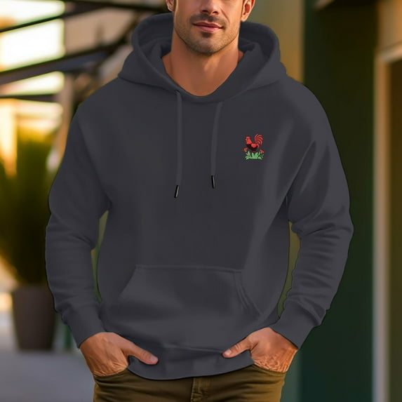 Men's 100% Cotton Red Rooster Pattern Hoodie 450g Thick Pocket Hood
