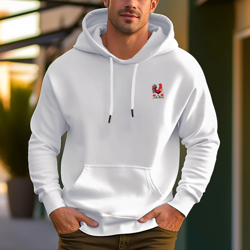 Men s 100 Cotton Red Rooster Pattern Hoodie 450g Thick Pocket