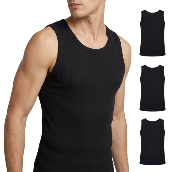 Men's 100% Cotton Ribbed, Tank Tops 3-Pack - Ultra Soft, Stretchy Fit, Breathable & Durable - Ideal for Layering, Gym & Daily Wear - Fade-Resistant, Moisture-Wicking Basics, Black Pack, 3XL