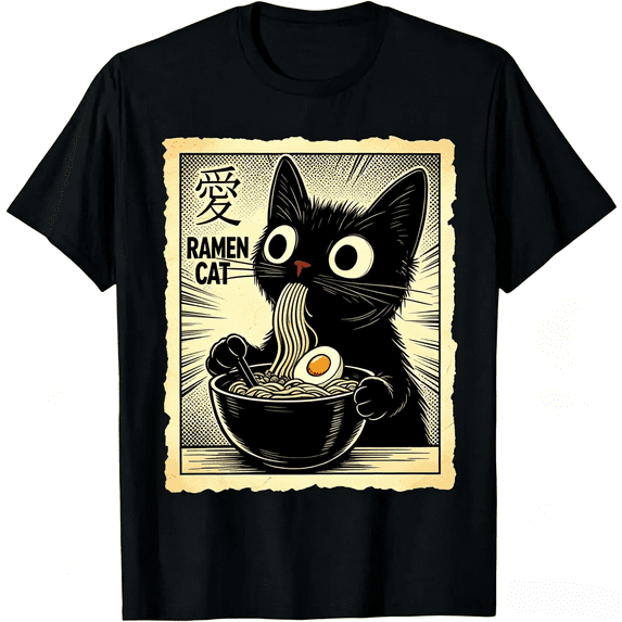 Men's 100% Cotton Short-Sleeve Crew Neck T-Shirt, Trendy Graphic Top with Funny Cat Ramen Design