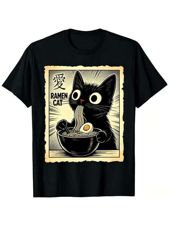 Men's 100% Cotton Short-Sleeve Crew Neck T-Shirt, Trendy Graphic Top with Funny Cat Ramen Design
