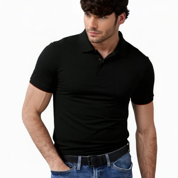 Men's 100 % Cotton Slim Polo Short Sleeve Shirt, Black L, 1 Pack