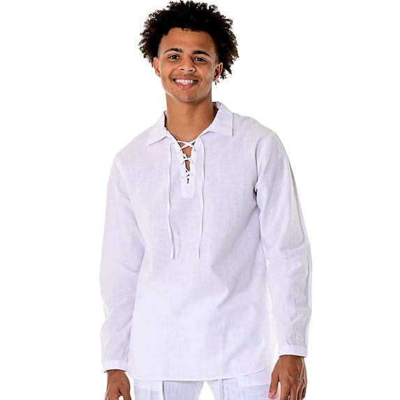 Men's 100% Cotton Summer Casual Drawstring Collar Long Sleeve Shirt by BOHIO