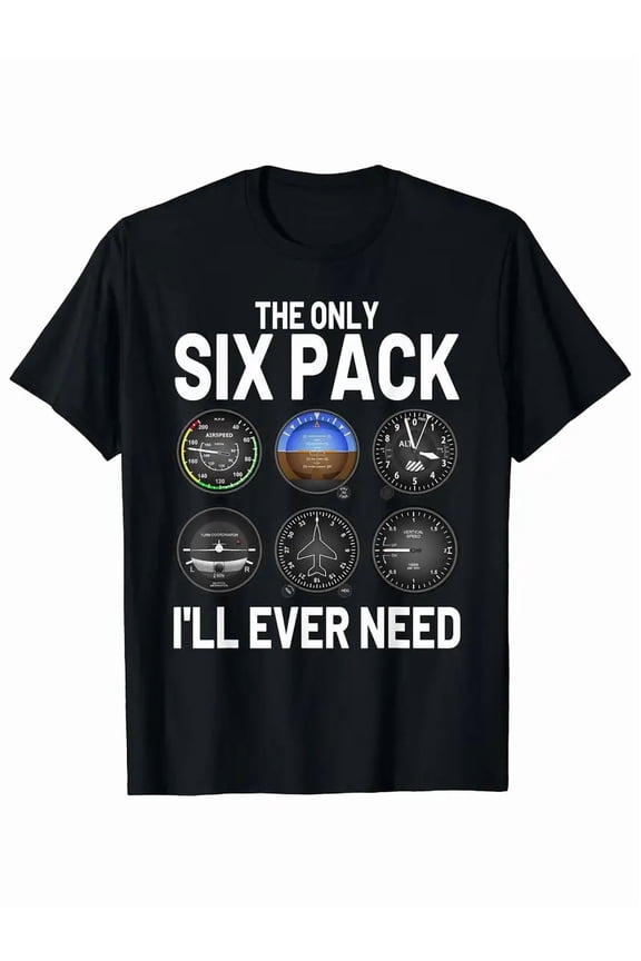 Men's 100% Cotton T-Shirt - 180g, Crew Neck, Single-Sided Print 'The Only Six Pack I'll Ever Need' - Ideal for Airline Pilots and Plane Enthusiasts, Short Sleeve