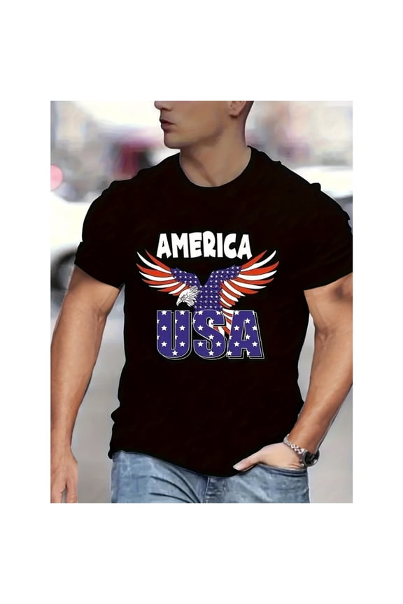 Men's 100% Cotton T-Shirt 180gsm - Eagle Print T-shirt, Men's Casual Street Style Stretch Round Neck Tee Shirt For Summer, Gift for Men