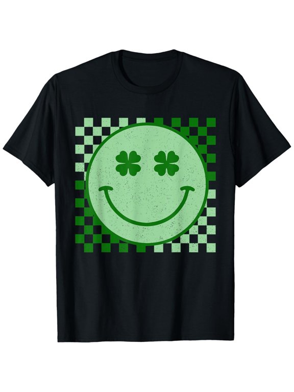 Men's 100% Cotton T-Shirt 180gsm - Retro Groovy St Patricks Day Hippie Smile Face Shamrock T-Shirt, Black Comfortable Breathable Soft Tee, Gift for Men