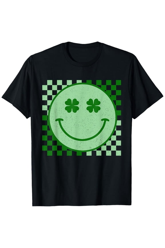 Men's 100% Cotton T-Shirt 180gsm - Retro Groovy St Patricks Day Hippie Smile Face Shamrock T-Shirt, Black Comfortable Breathable Soft Tee, Gift for Men