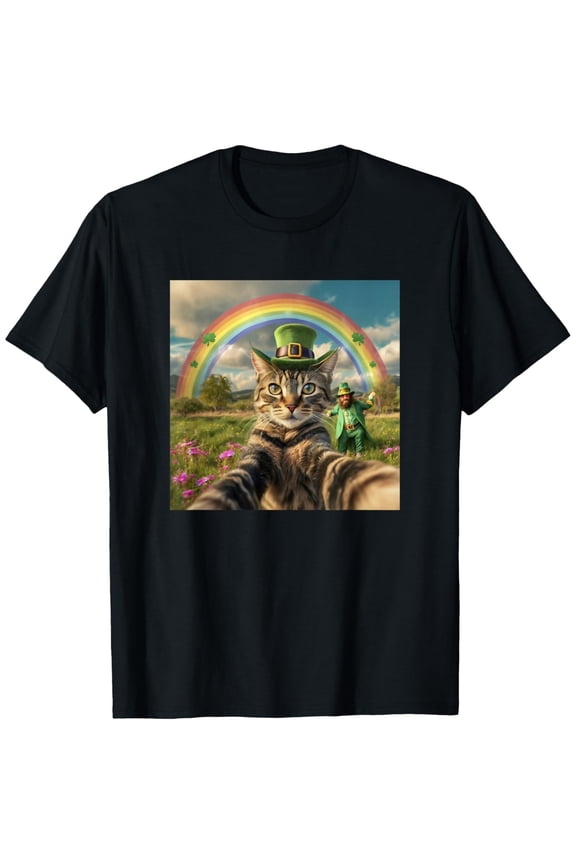 Men's 100% Cotton T-Shirt 180gsm - St Patrick's Day Cat Selfie with Leprechaun Funny Photo T-Shirt, Black Comfortable Breathable Soft Tee, Gift for Men