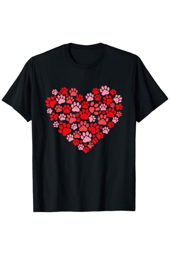 Men's 100% Cotton T-Shirt 180gsm - Valentines Day Dogs Paw Print Heart Pet Dog Lover Owners T-Shirt, Black Comfortable Breathable Soft Tee, Valentine's Gift for Men