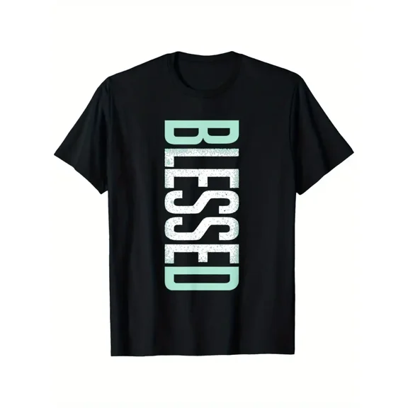 Men's 100% Cotton T-Shirt with Bold "BLESSED" Graphic Print - Black & Mint Green Casual Tee, Regular Fit All-Season Comfort, Machine Washable Sizes S-XXXL