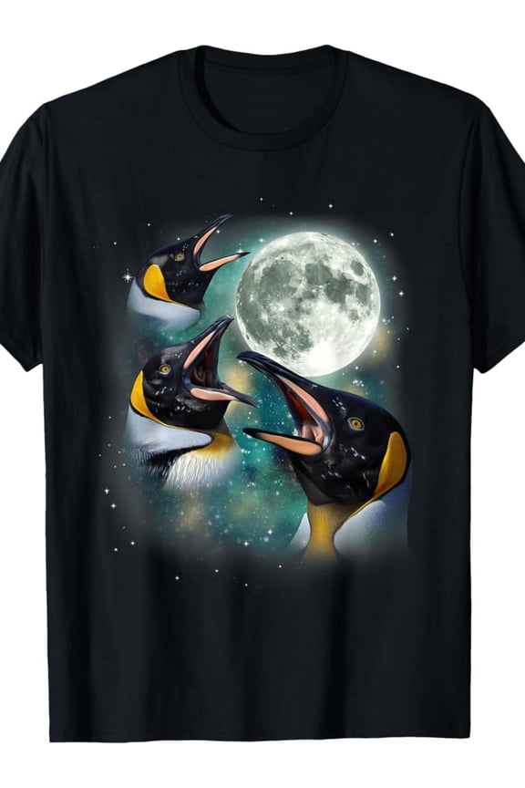 Men's 100% Cotton T-Shirt with Vibrant Penguin Moon Graphic | Short Sleeve, Crew Neck, Fun Antarctic Birds Howling Parody Design, Ideal for All Seasons