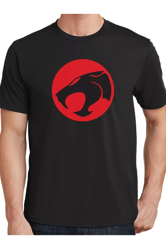 Men's 100% Cotton Thunder Cat Anime T-Shirt - Iconic Red & White Panther Logo Graphic, Casual Crew Neck Short Sleeve Tee for Gym, Outdoor & Casual Attire - Retro Manga Style (Black)