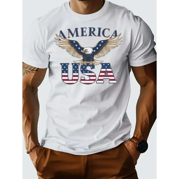 Men's 100% Cotton USA Eagle Graphic T-Shirt - Patriotic White Short Sleeve Tee with American Flag Design, Comfortable Casual Summer Wear for Independence Day & Everyday Patriotism
