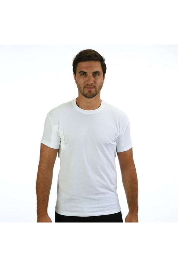 Men's 100% Cotton Undershirt Regular Fit, Crew Neck with Sewn-In, Absorbent, Waterproof Underarm Shields