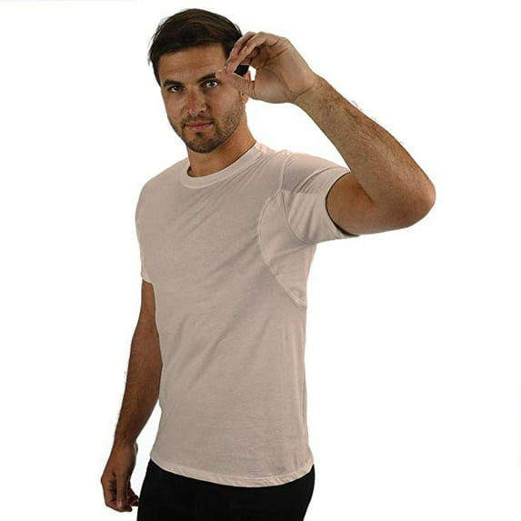Men's 100% Cotton Undershirt Regular Fit, Crew Neck with Sewn-In, Absorbent, Waterproof Underarm Shields