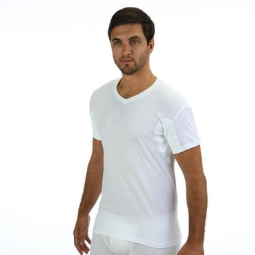 Men's 100% Cotton Undershirt Regular Fit V-Neck with Sweat-Proof, Absorbent, Integrated Underarm Shields