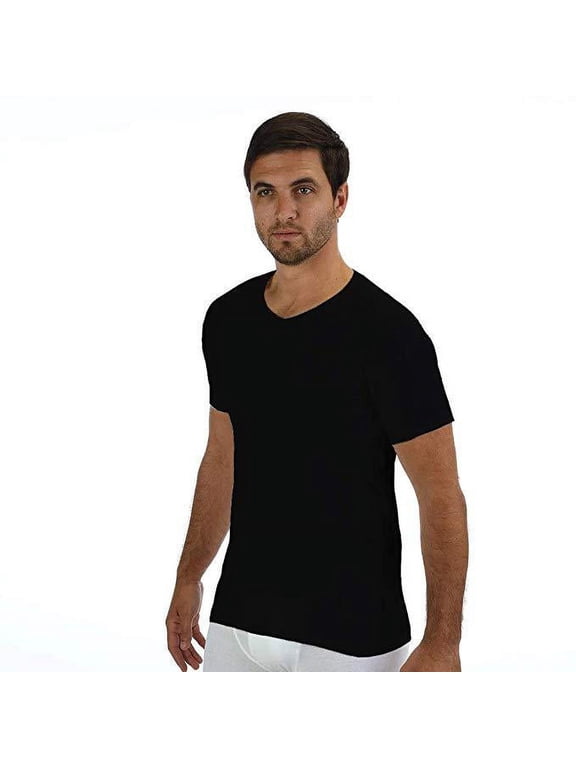 Men's 100% Cotton Undershirt Regular Fit V-Neck with Sweat-Proof, Absorbent, Integrated Underarm Shields
