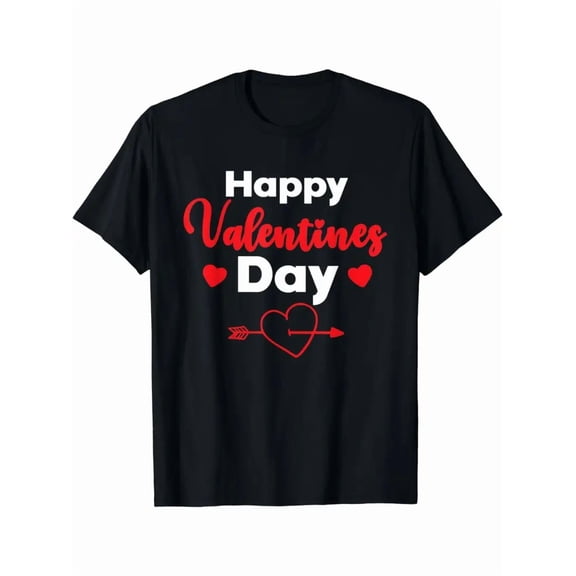 Men's 100% Cotton Valentine's Day T-Shirt - Black with Red Heart & "Happy Valentine's Day" Print, Soft Breathable Crew Neck Short Sleeve, Couple Matching Casual Tee for