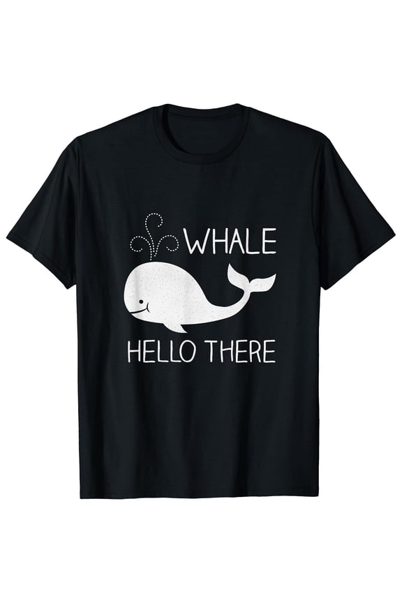 Men's 100% Cotton Whale Graphic T-Shirt - "Hello Whale" Cute & High-Quality Design, Casual Round Neck Short Sleeve Tee, Black with White Whale Illustration, Lightweight & Breathable for Summer