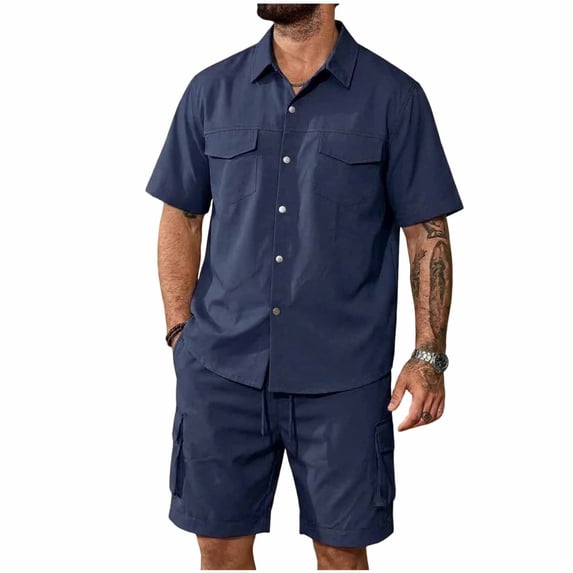 Men's 100% Cotton Work 2 Piece Outfit Set, Short Sleeve Snap Button Shirt with Double Pockets & Drawstring Cargo Shorts with Multi Pockets, Casual Outdoor Workwear Navy