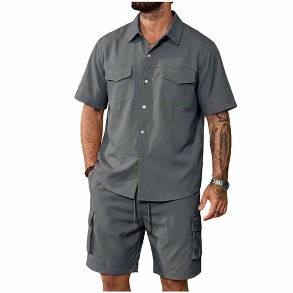 Men's 100% Cotton Work 2 Piece Outfit Set, Short Sleeve Snap Button Shirt with Double Pockets & Drawstring Cargo Shorts with Multi Pockets, Casual Outdoor Workwear Gray