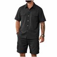 thumbnail image 1 of Men's 100% Cotton Work 2 Piece Outfit Set, Short Sleeve Snap Button Shirt with Double Pockets & Drawstring Cargo Shorts with Multi Pockets, Casual Outdoor Workwear Black, 1 of 7