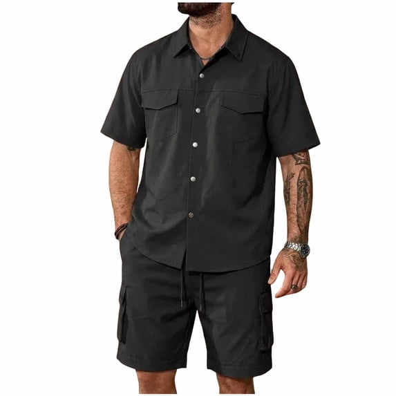 Men's 100% Cotton Work 2 Piece Outfit Set, Short Sleeve Snap Button Shirt with Double Pockets & Drawstring Cargo Shorts with Multi Pockets, Casual Outdoor Workwear Black