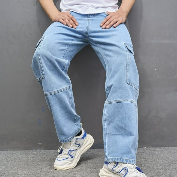 Men's 100�nim Comfort Flex Waist Loose Fit Jeans Light Blue Multi-pocket Jeans Zipper Wash Elastic Trend Outdoors Trousers Light Blue5 2XL