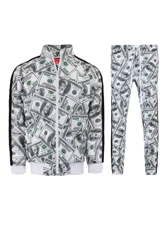 Men's 100 Dollar Money Print Hip Hop Track Suits 2 Piece Sweatsuit Set ST805 - White - 4X-Large