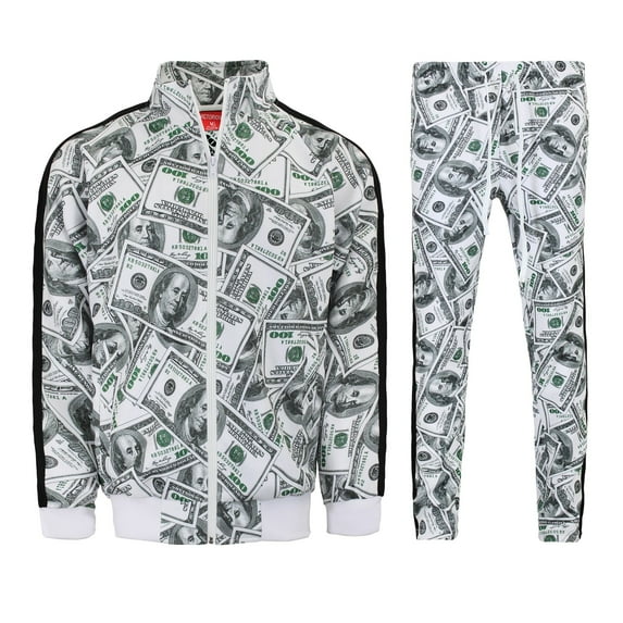Men's 100 Dollar Money Print Hip Hop Track Suits 2 Piece Sweatsuit Set ST805 - White - Large