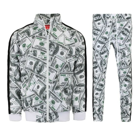 Men's 100 Dollar Money Print Hip Hop Track Suits 2 Piece Sweatsuit Set ST805 - White - Small