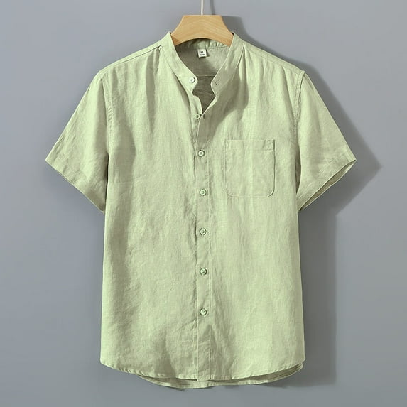 Men's 100% Linen Collar Shirt Short Sleeve Breathable Casual Top with Pocket