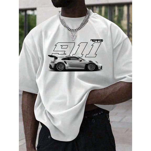 Men's 100% Pure Cotton Crew Neck Casual T-Shirt With Sprots Car Graphic Print, Classic Style Meets Daily Comfort, Ideal, Bold And Stylish Look For Men Who Love Retro Pop Culture, Fitness Life Loose Fi