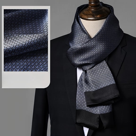 Men's 100% Silk Scarf - Blue Geometric Pattern Sophisticated Luxury Scarf for Suits & Formal Wear, Dry Clean Only, Versatile Daily Accessory
