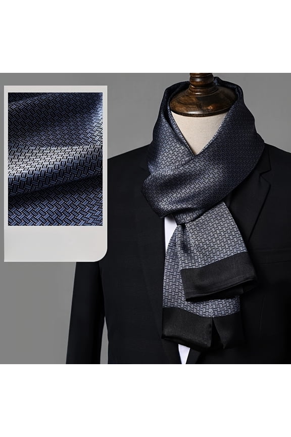 Men's 100% Silk Scarf - Blue Geometric Pattern Sophisticated Luxury Scarf for Suits & Formal Wear, Dry Clean Only, Versatile Daily Accessory