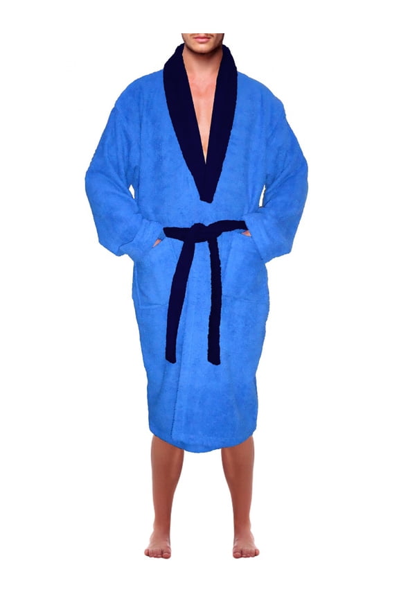Men?s 100% Terry Cotton Bathrobe Toweling Gown Robe Two tone Blue Medium