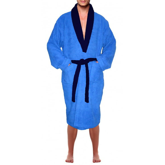 Men’s 100% Terry Cotton Bathrobe Toweling Gown Robe Two tone Blue Small