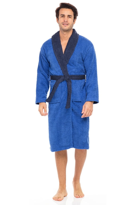 Men’s 100% Terry Toweling Cotton Bathrobe Dressing Gown Robe Two Tone BlueNavy