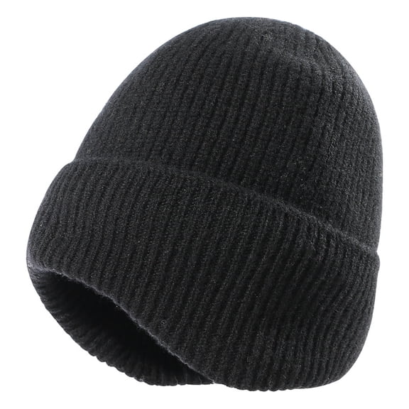 Men's 100% Wool Knit Beanie, Thermal Fleece Lined Winter Hat with Ear Warmers, 56-62cm,one size fits all,black