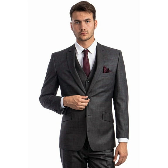 Men's 100% Wool Modern Fit Vested Suit in Charcoal Grey & Burgundy Windowpane Plaid