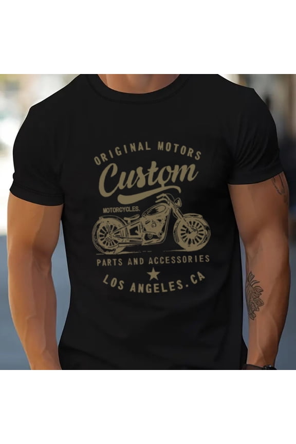 Men's 100% cotton fashionable casual loose oversized retro motorcycle pattern printed round neck short sleeved t-shirt