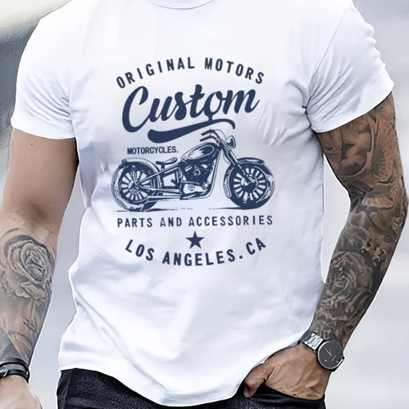 Men's 100% cotton fashionable casual loose oversized retro motorcycle pattern printed round neck short sleeved t-shirt