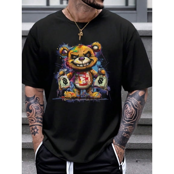 Men's 100% cotton summer loose size Cartoon Bear Pattern printed slim fit casual sports round neck short sleeved T-shirt top