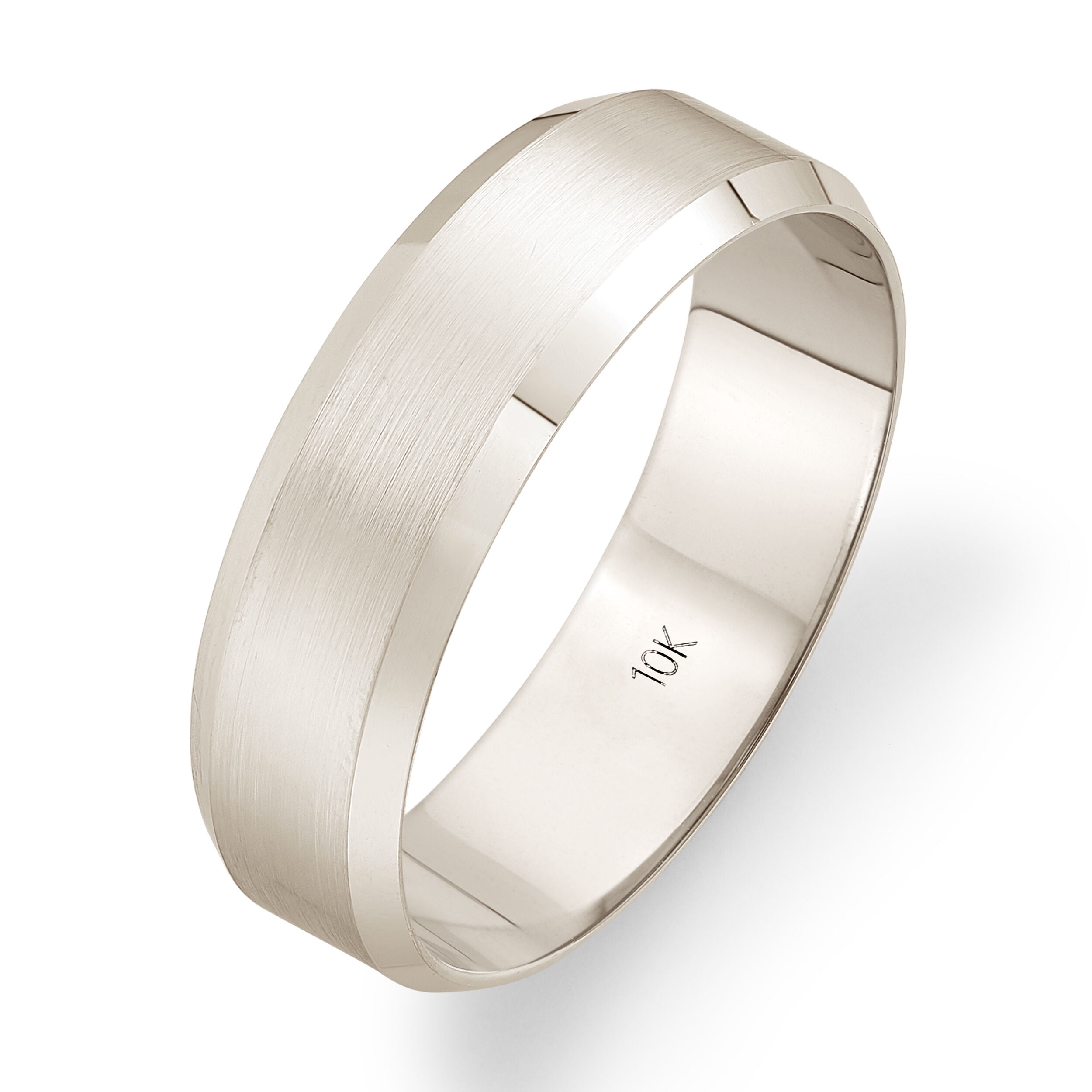Men's 10K Solid Gold Wedding Band, 6mm, Beveled Edge, Satin Finish, Comfort Fit Ring, 10K White Gold (Stamped for Authenticity), Size 12