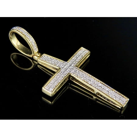 Men's 10K Yellow Gold 2 Rows Genuine Diamond Cross Pendant Charm 0.12 Ct 1.5"